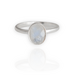 Sterling silver ring with oval faceted moonstone set in a bezel setting with simple silver ring band. 